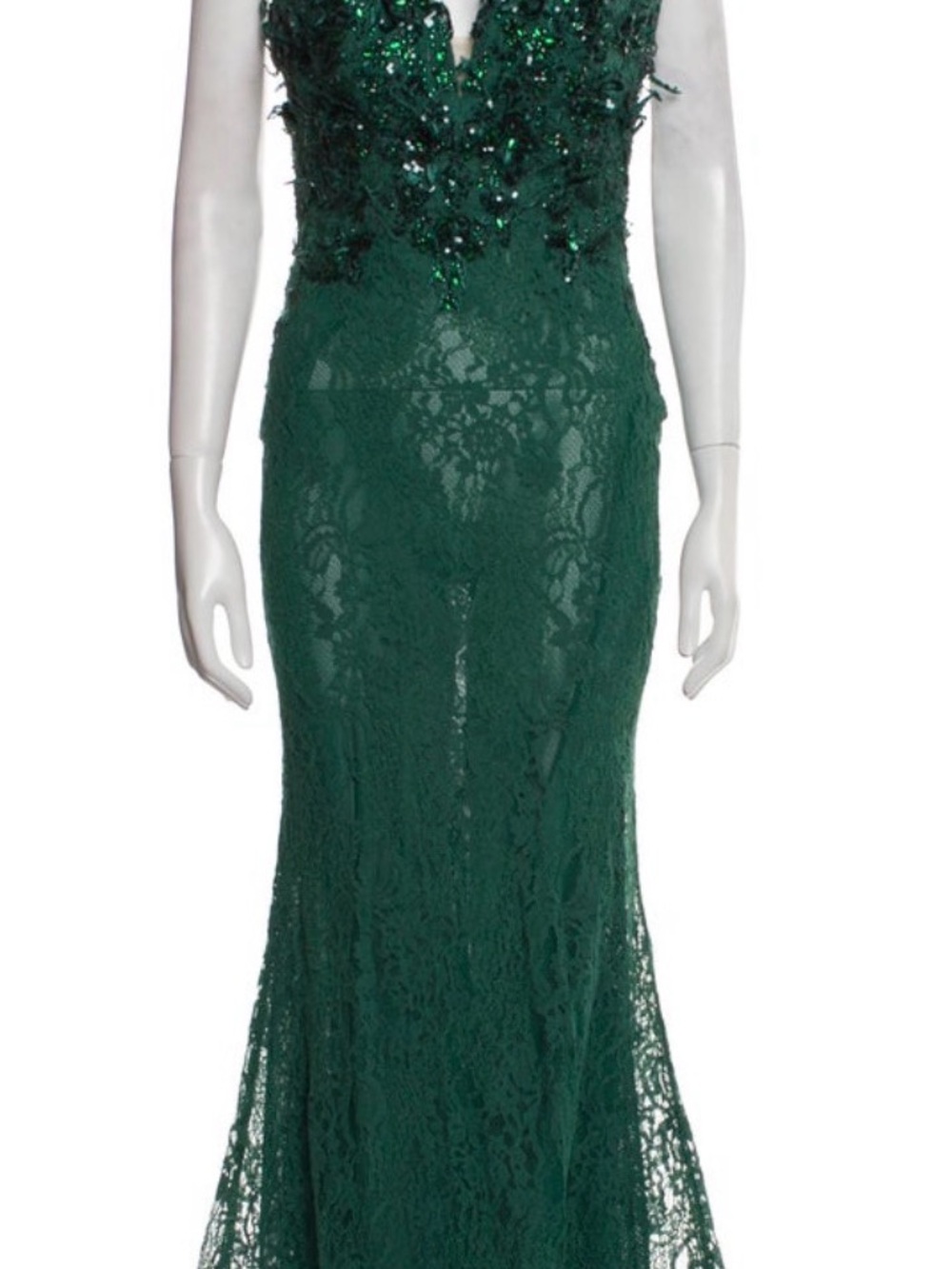 Portia and Scarlett Forest Green Backless Lace Evening Gown